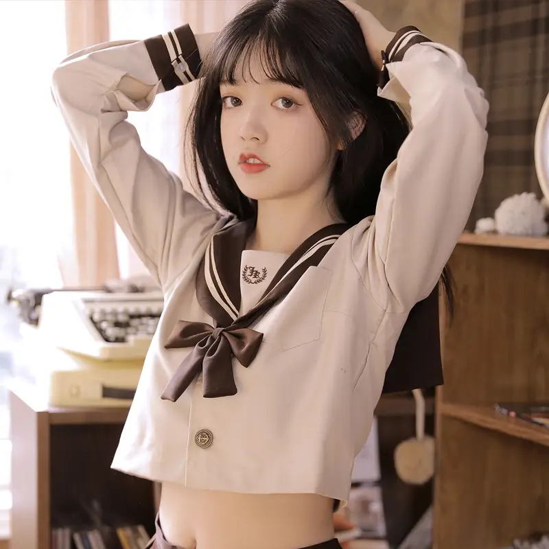 Japanese Style Sailor Suit Girl Skirt New Milk Tea