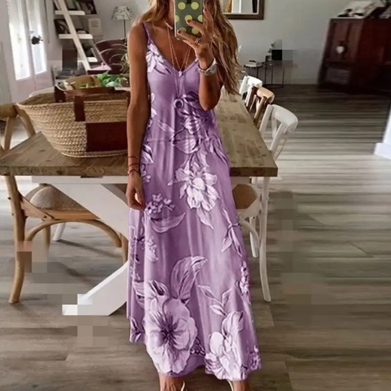 2021 Purple Floral Spaghetti Strap Summer Dress - Image 3