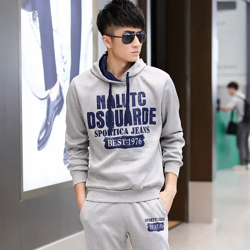 Men's 2020 Spring Hooded Sweatshirt & Pants Set Grey - Image 5