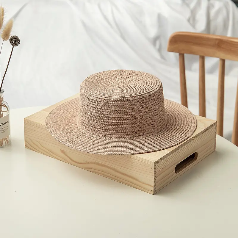 Men Straw Sun Hat Flat Design Wooden Base