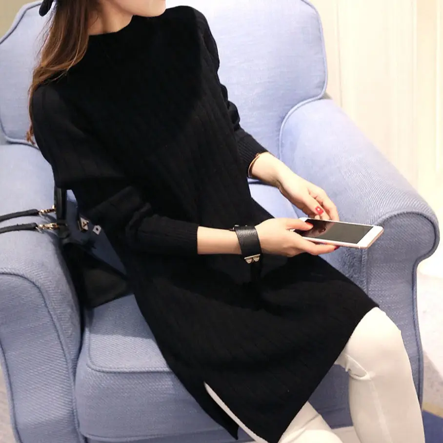 Women Pink Knit Half-Turtleneck Sweater Dress