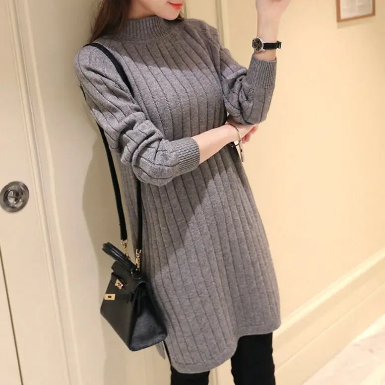 Women Pink Knit Half-Turtleneck Sweater Dress