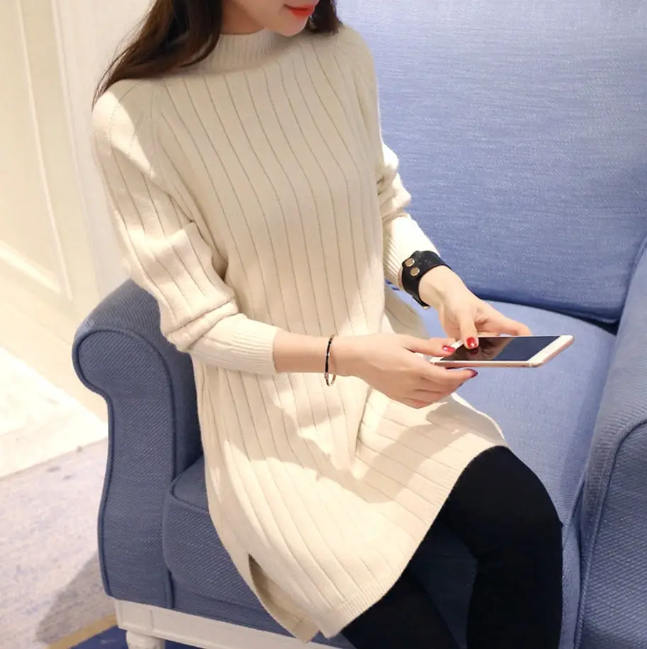 Women Pink Knit Half-Turtleneck Sweater Dress