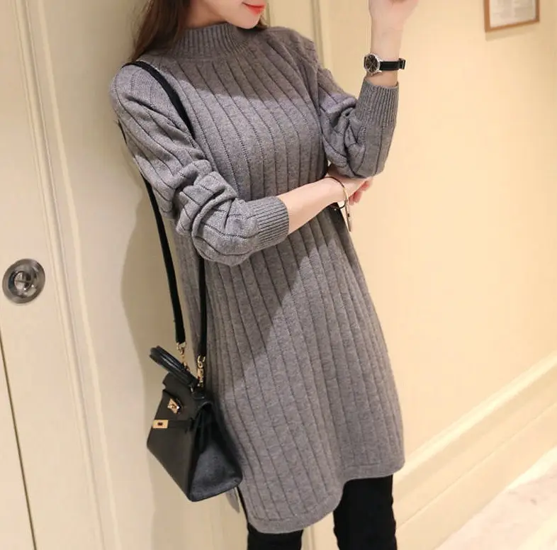 Women Pink Knit Half-Turtleneck Sweater Dress — feature 12
