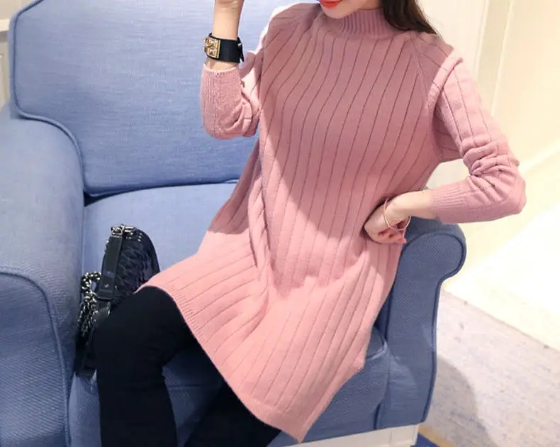Women Pink Knit Half-Turtleneck Sweater Dress — feature 5