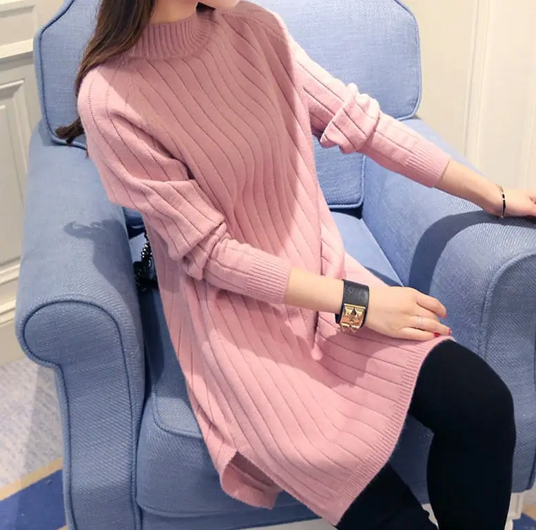 Women Pink Knit Half-Turtleneck Sweater Dress — feature 6