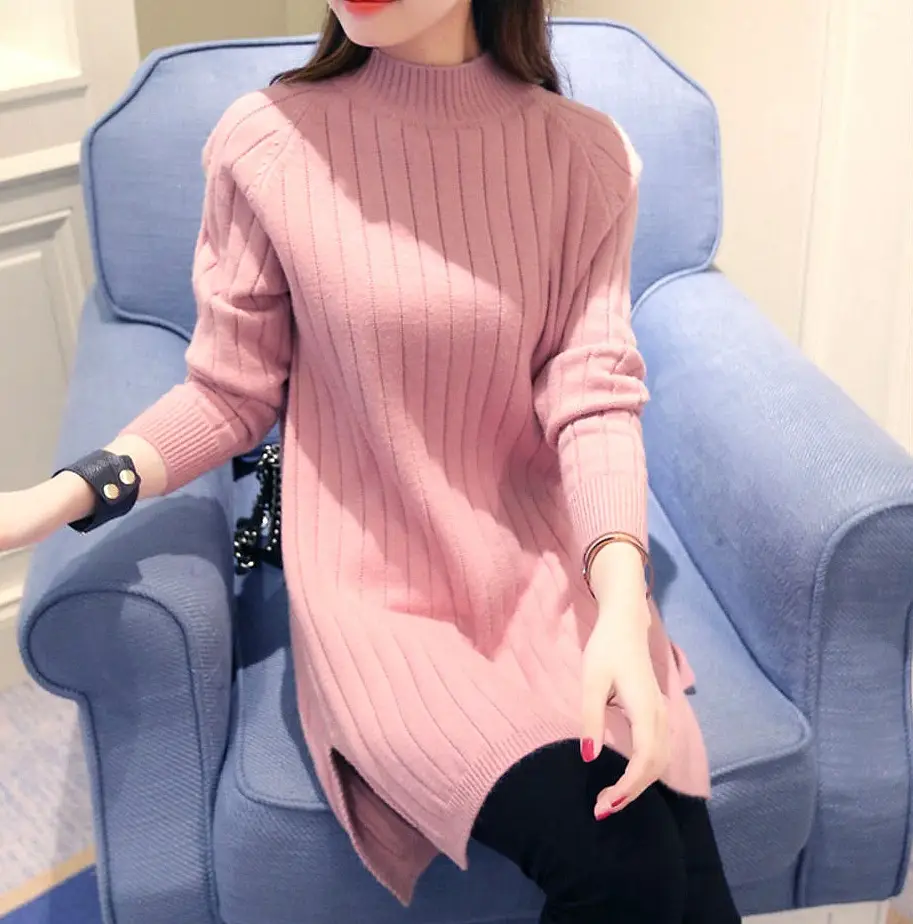 Women Pink Knit Half-Turtleneck Sweater Dress — feature 7