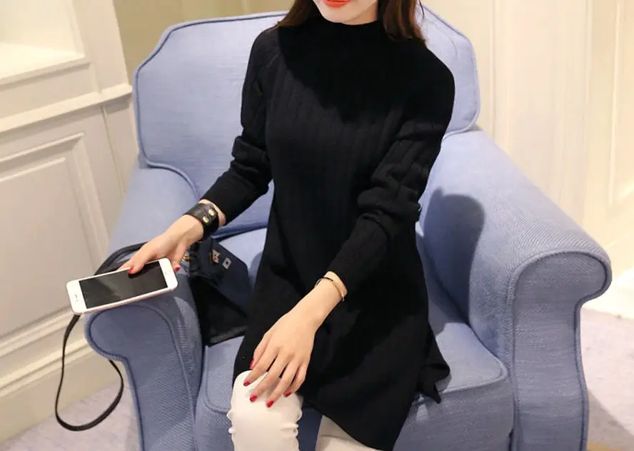 Women Pink Knit Half-Turtleneck Sweater Dress — feature 8