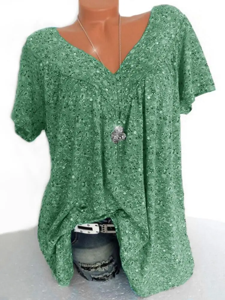 Blue Printed V-Neck Loose Sleeve T-Shirt for Women