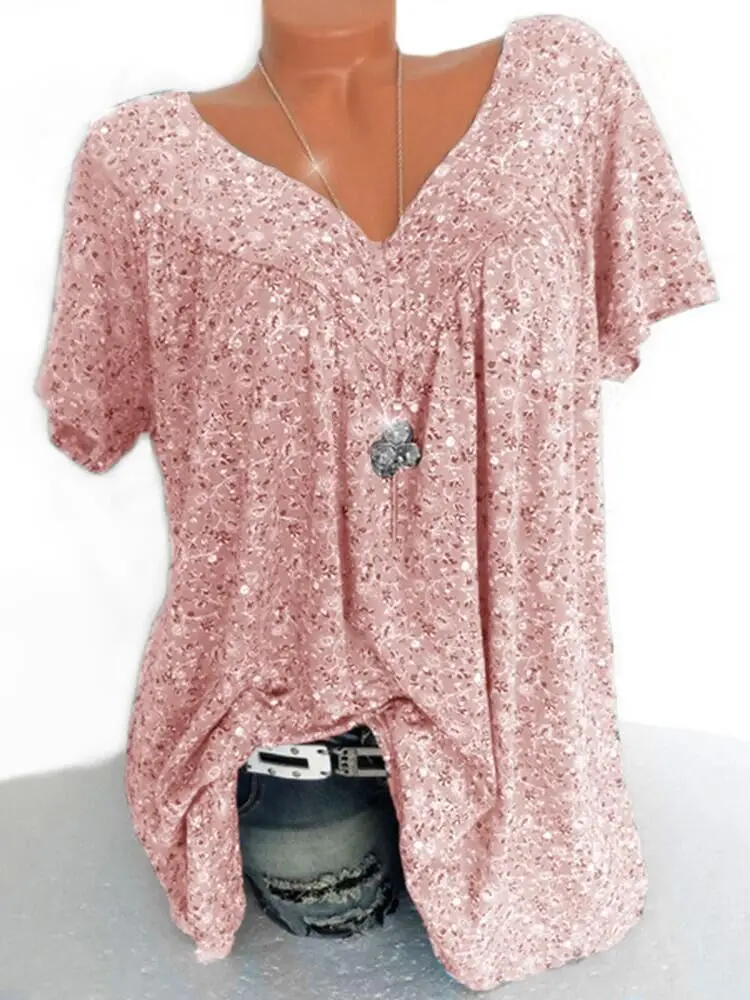 Blue Printed V-Neck Loose Sleeve T-Shirt for Women