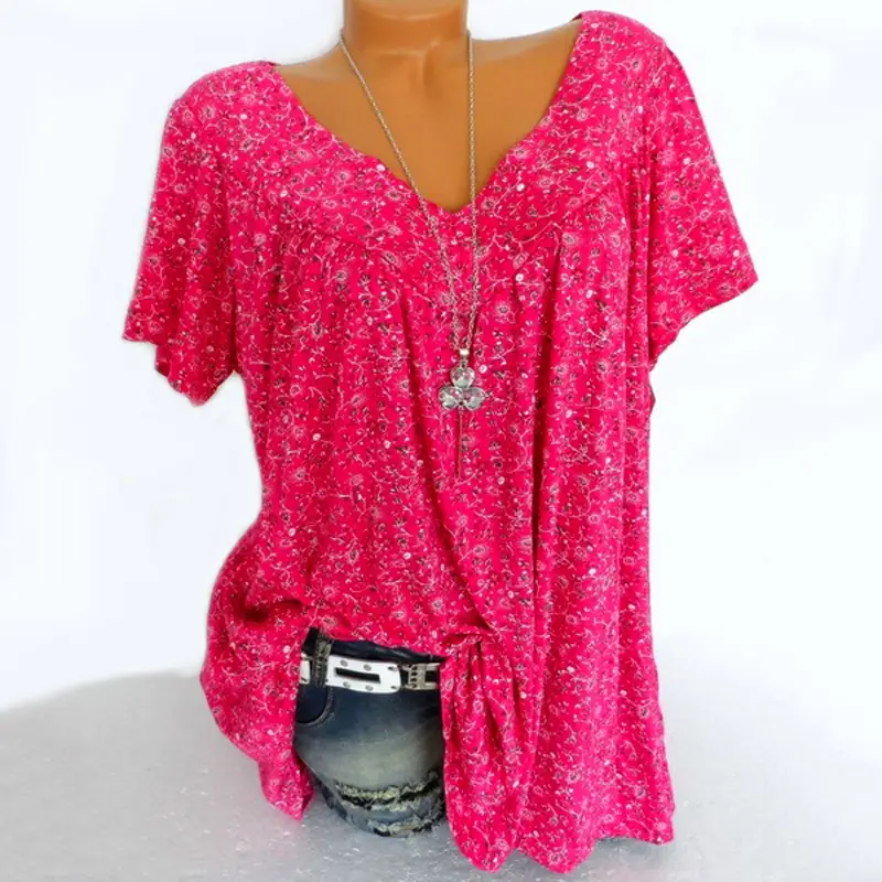 Blue Printed V-Neck Loose Sleeve T-Shirt for Women