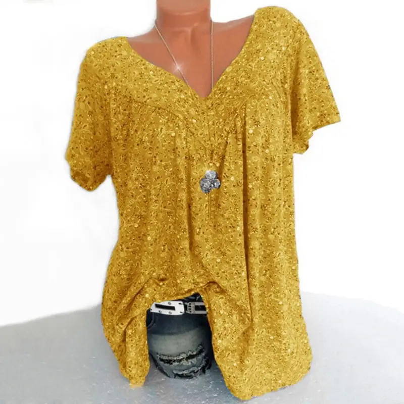 Blue Printed V-Neck Loose Sleeve T-Shirt for Women