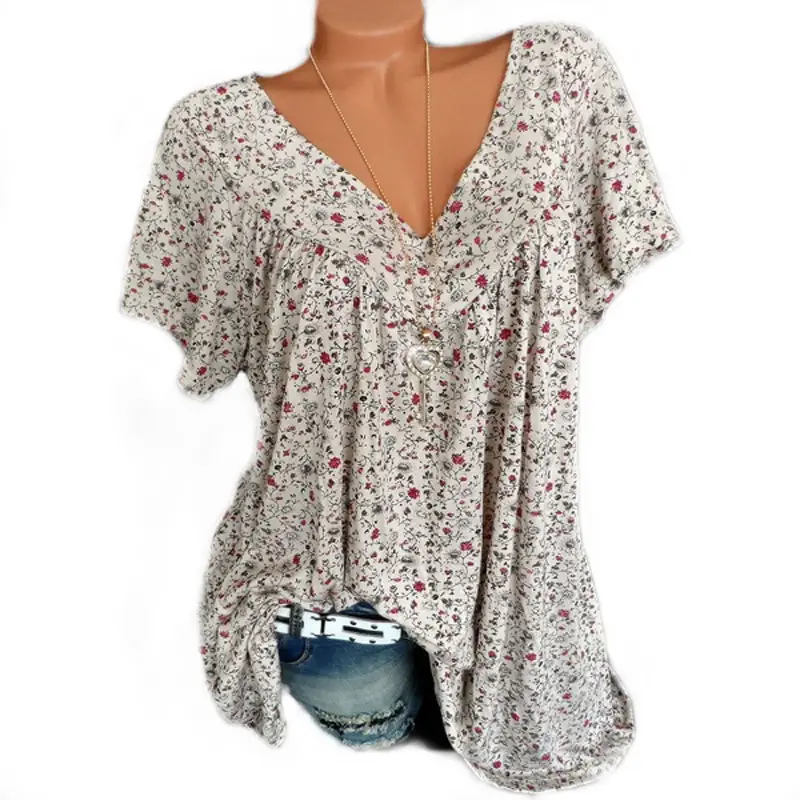 Blue Printed V-Neck Loose Sleeve T-Shirt for Women