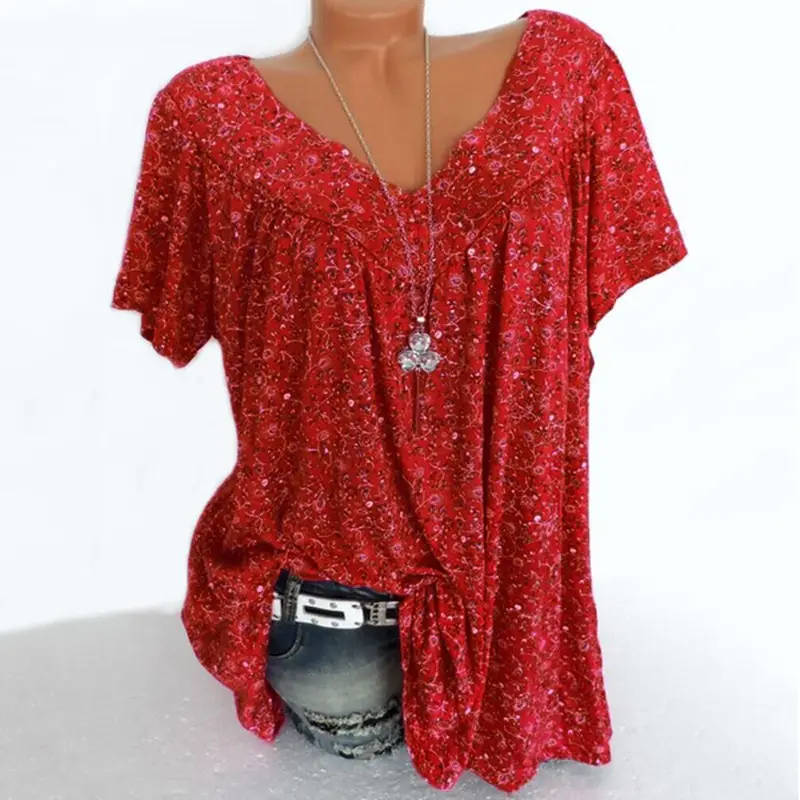 Blue Printed V-Neck Loose Sleeve T-Shirt for Women