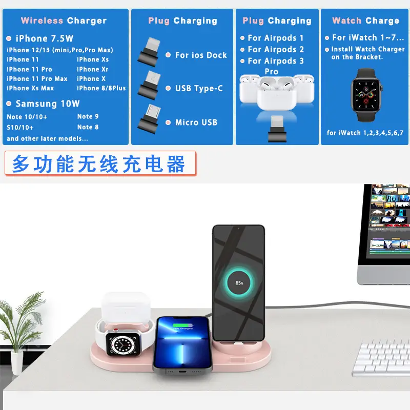 Six-In-One Wireless Charger for Apple iWatch, Earphones, 3-in-1 Rotating Stand - Image 4
