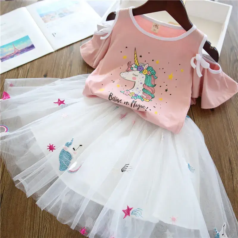 2020 Summer New Children's Suit Korean Girl's Printed Short-sleeved T-shirt + Puffy Veil Skirt Two-piece Mesh Skirt