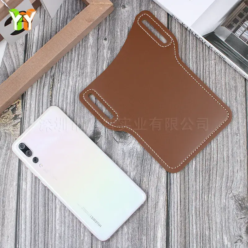 Brown PU Leather Mobile Phone Waist Bag with Stitching