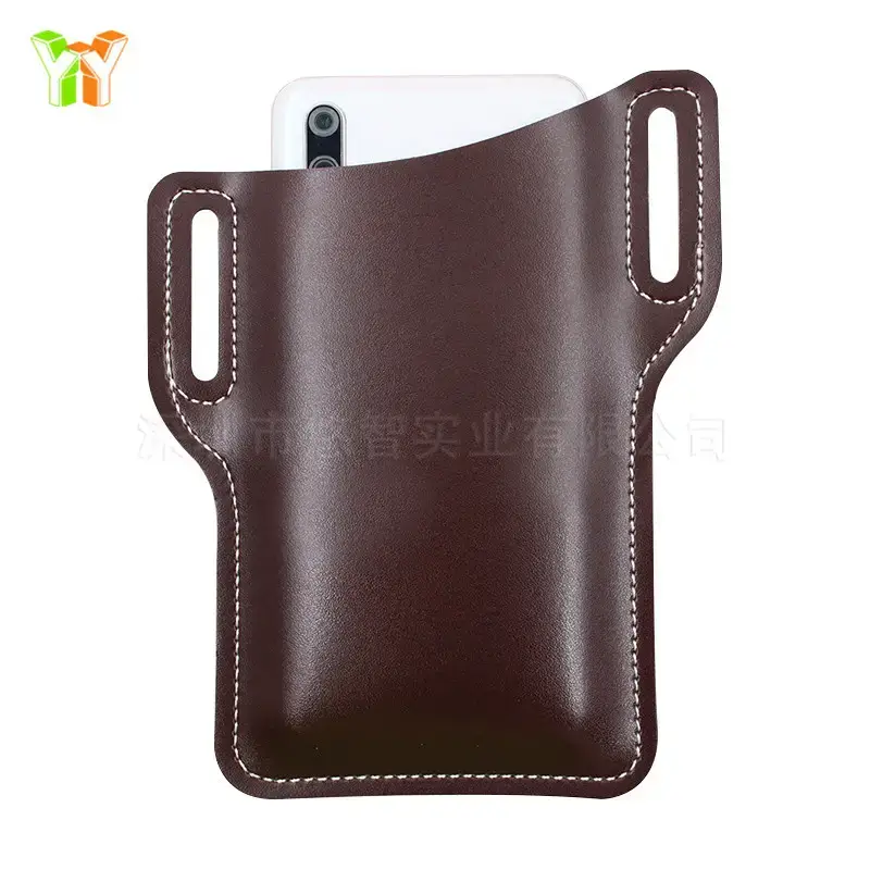 Brown PU Leather Mobile Phone Waist Bag with Stitching
