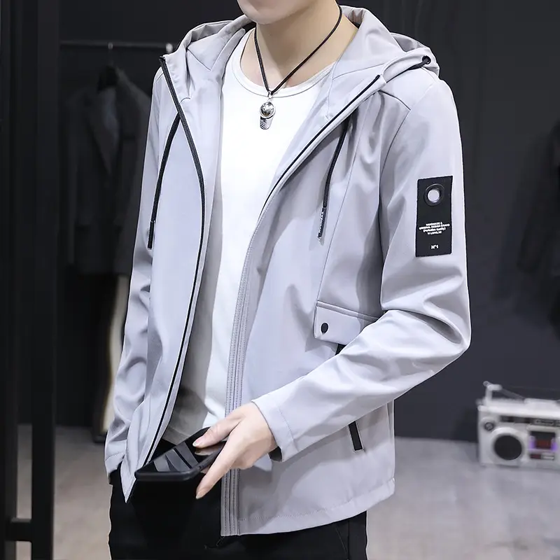 Men Grey Hooded Slim Fit Jacket All Match - Image 5