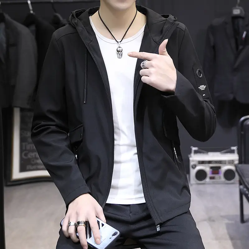Men Grey Hooded Slim Fit Jacket All Match - Image 6