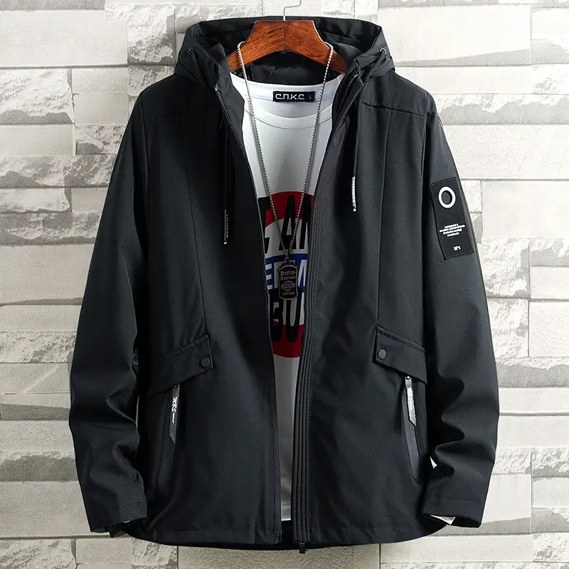 Men Grey Hooded Slim Fit Jacket All Match - Image 2