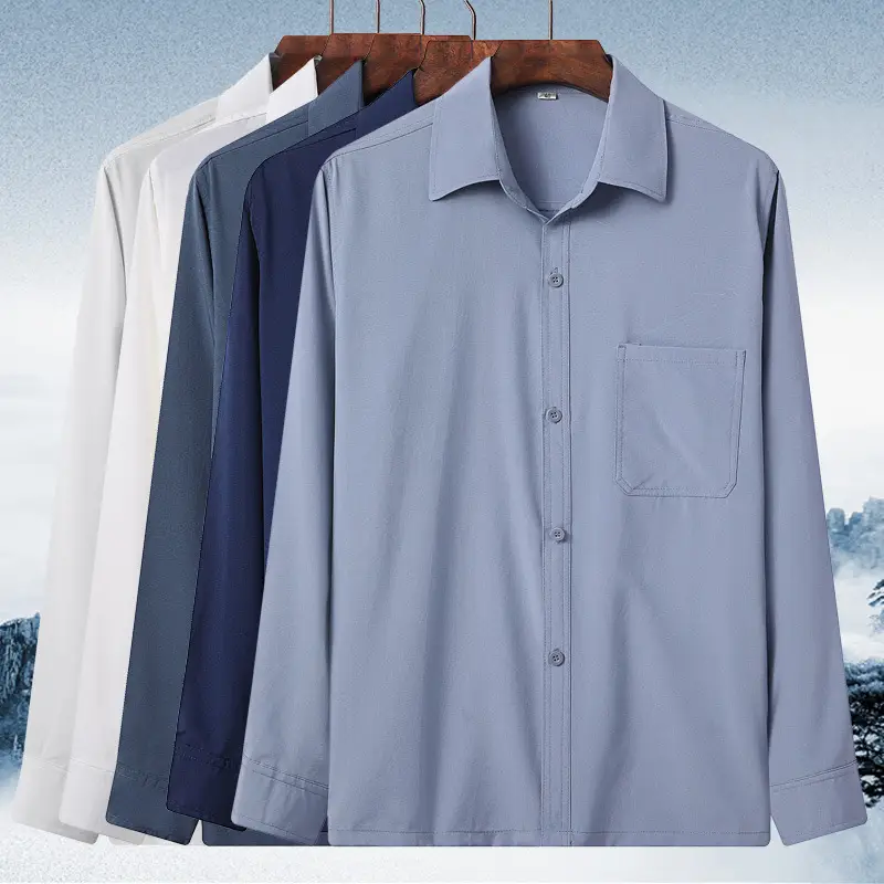 White Long Sleeve Lapel Men Shirt Middle Age - Image 10
