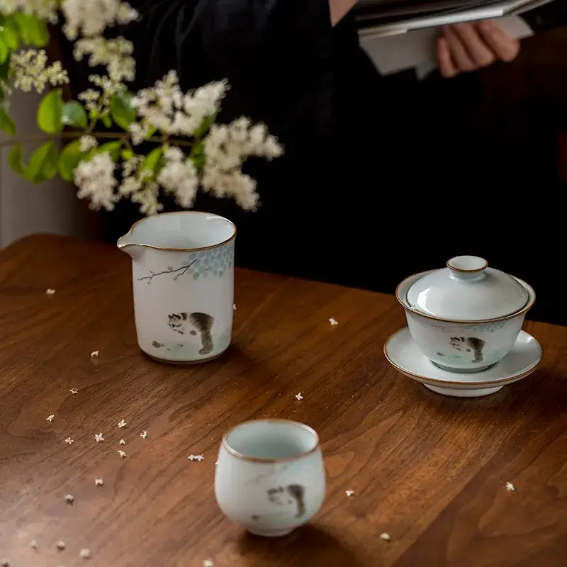 Antique Moon White Ruyao Cat Ceramic Tea Cup - Image 8