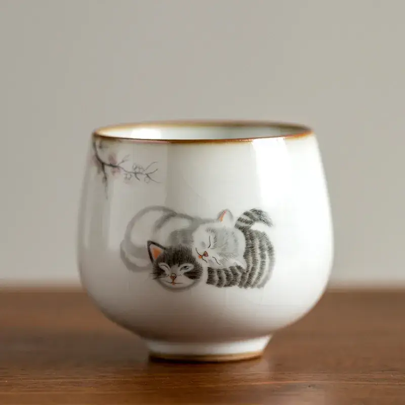 Antique Moon White Ruyao Cat Ceramic Tea Cup - Image 9