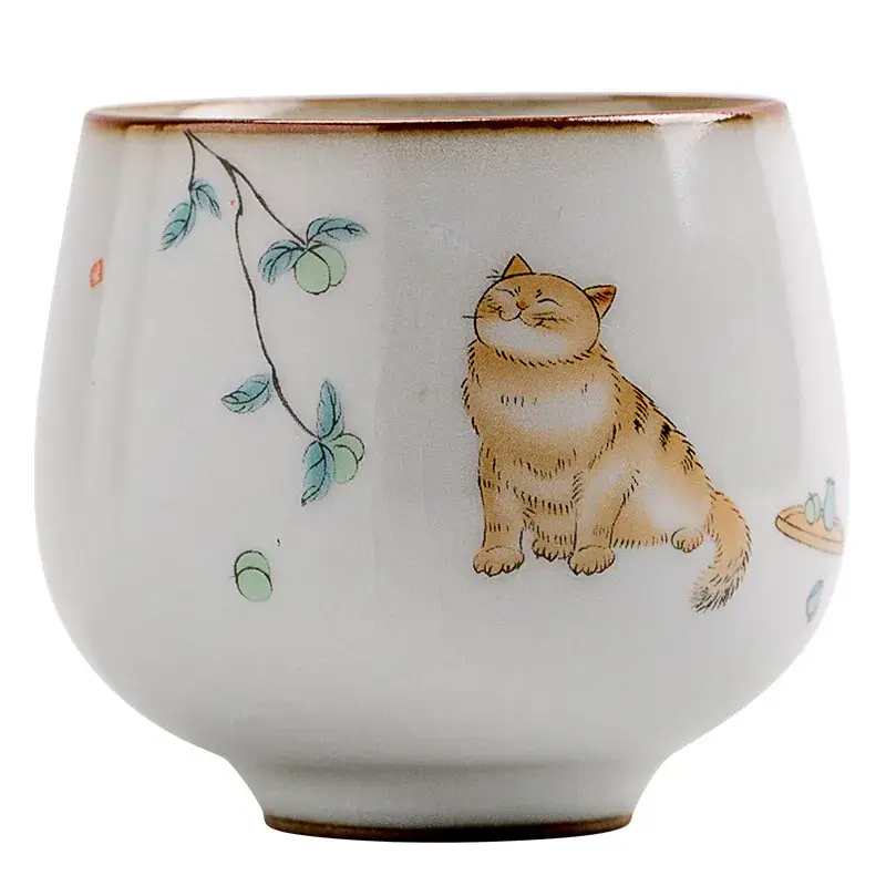 Antique Moon White Ruyao Cat Ceramic Tea Cup - Image 10