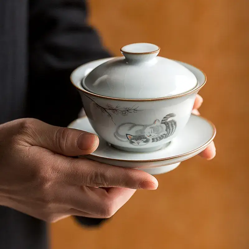 Antique Moon White Ruyao Cat Ceramic Tea Cup — feature 3