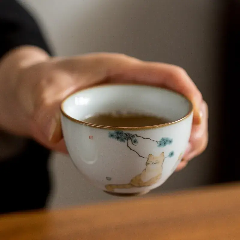Antique Moon White Ruyao Cat Ceramic Tea Cup — feature 7
