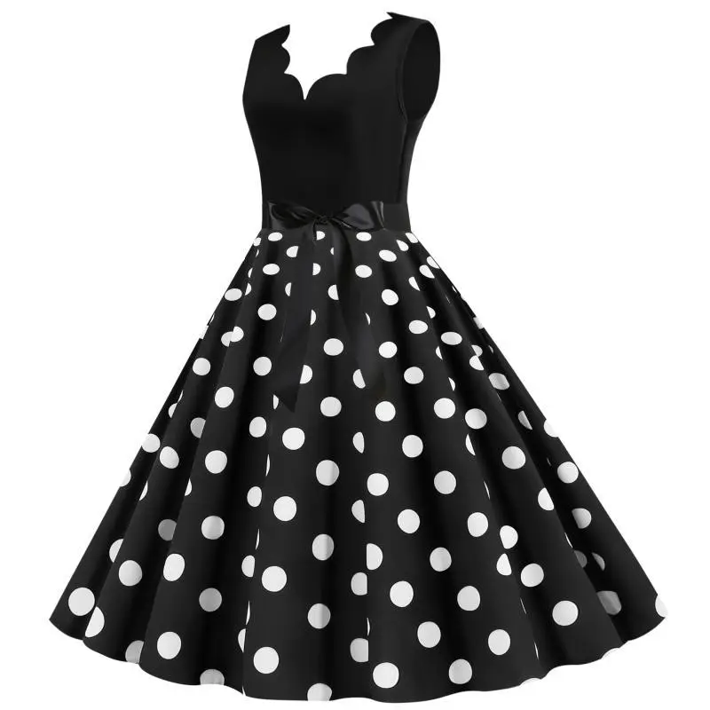 Black Polka Dot V-Neck Sleeveless Swing Dress - Image 2