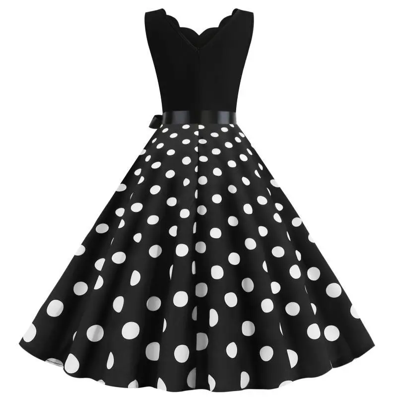 Black Polka Dot V-Neck Sleeveless Swing Dress - Image 3
