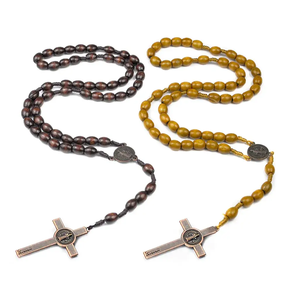 Wooden Rosary Necklace with Cross Braided Brown Beads