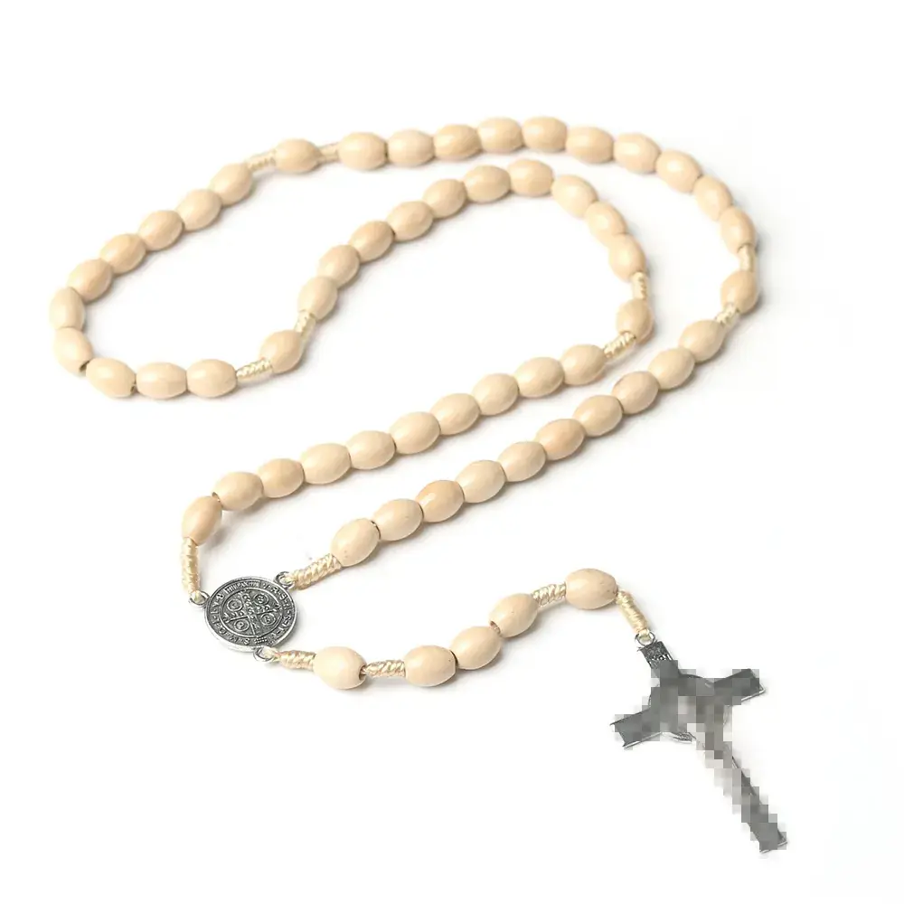 Wooden Rosary Necklace with Cross Braided Brown Beads