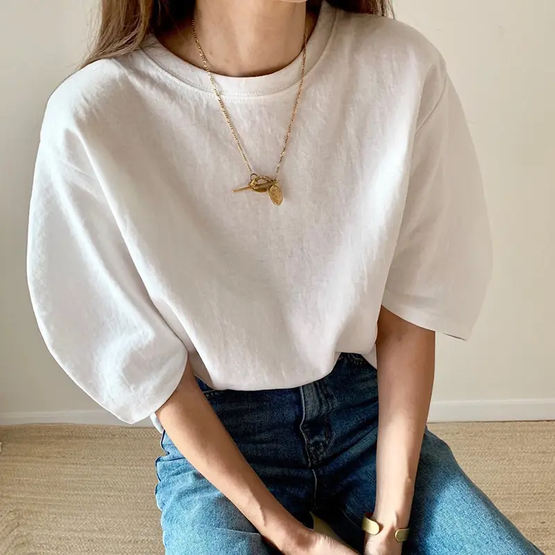Women Pink Bubble 5 Sleeve T-shirt Loose Casual Summer Top