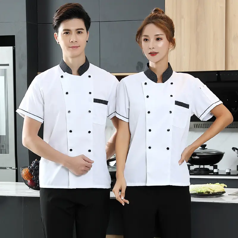 Men Chinese Style Short Sleeve Chef Shirt White Black - Image 2