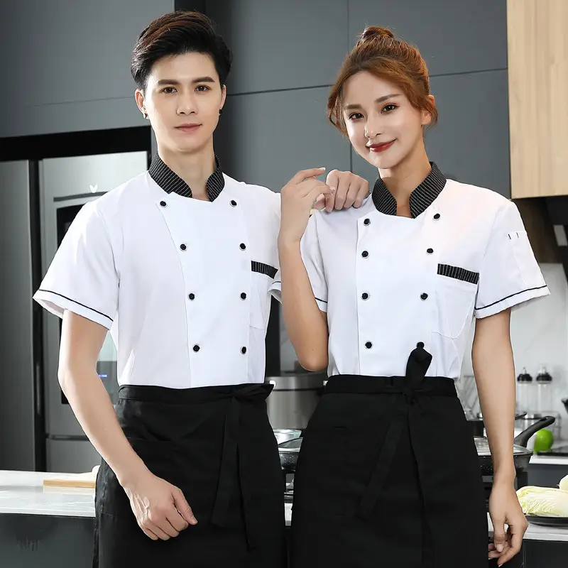 Men Chinese Style Short Sleeve Chef Shirt White Black - Image 3