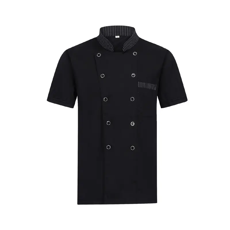 Men Chinese Style Short Sleeve Chef Shirt White Black - Image 5