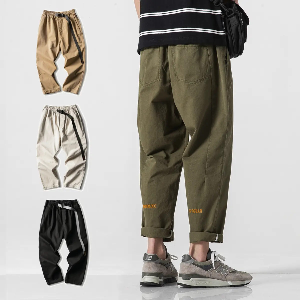 Men's Ankle-Length Casual Pants Olive Green Loose Straight