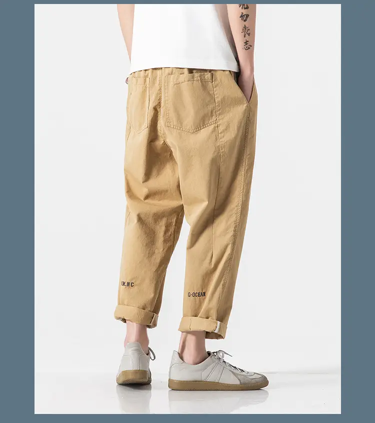 Men's Ankle-Length Casual Pants Olive Green Loose Straight — feature 14