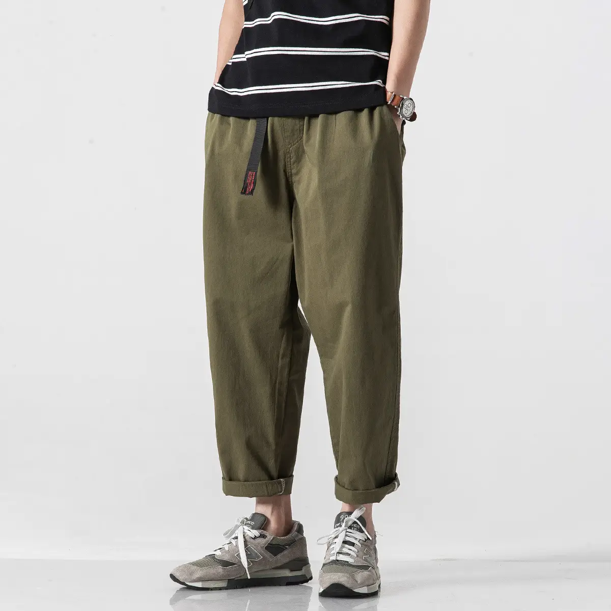 Men's Ankle-Length Casual Pants Olive Green Loose Straight