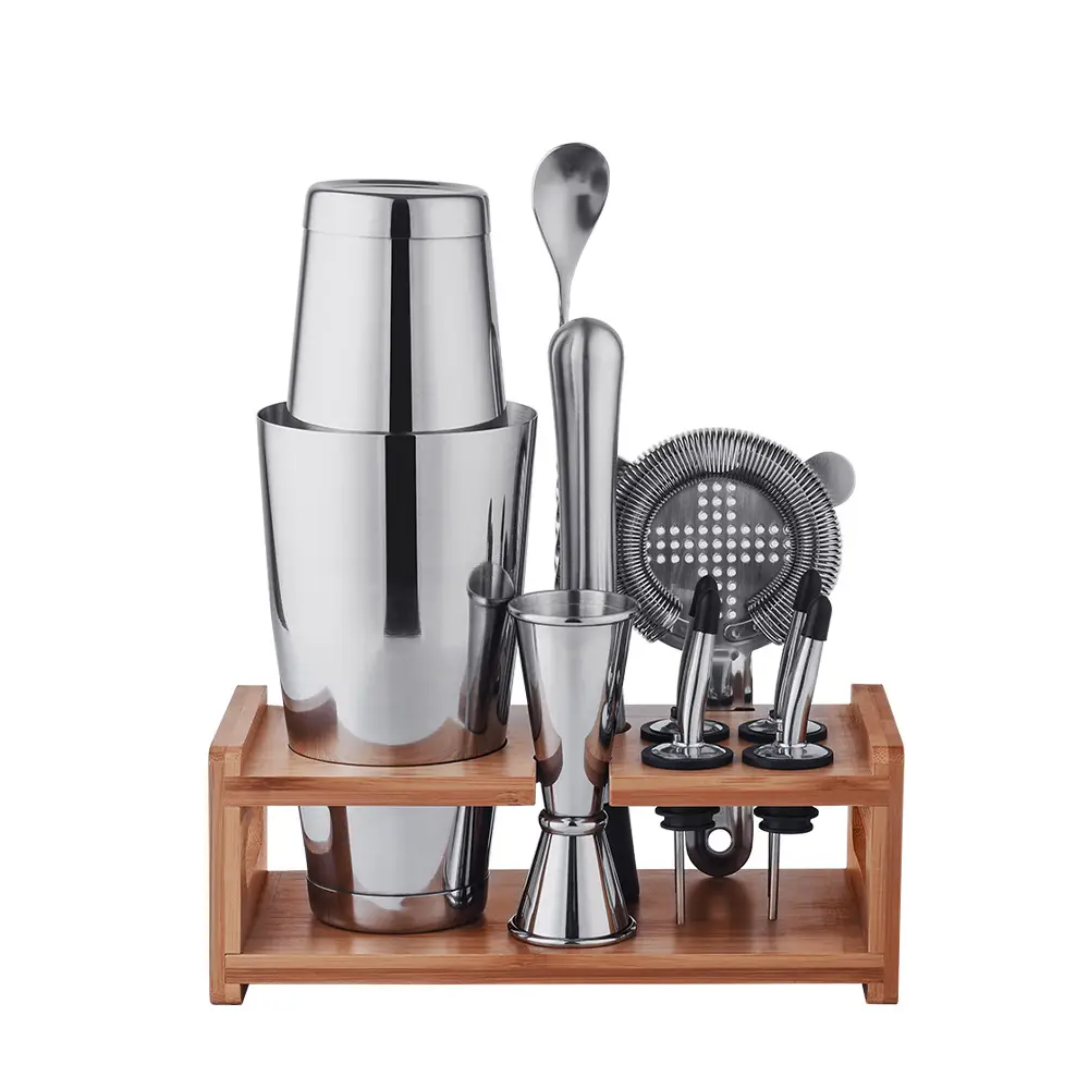 Stainless Steel Cocktail Shaker Set with Bamboo Stand - Image 7