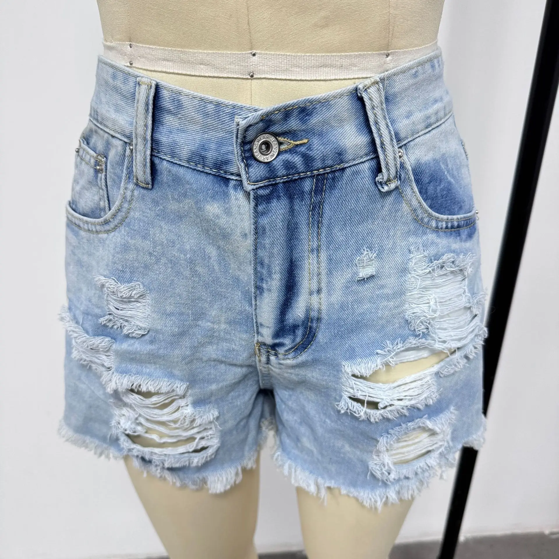 Women Ripped Tassel Denim Shorts High Waist - Image 3