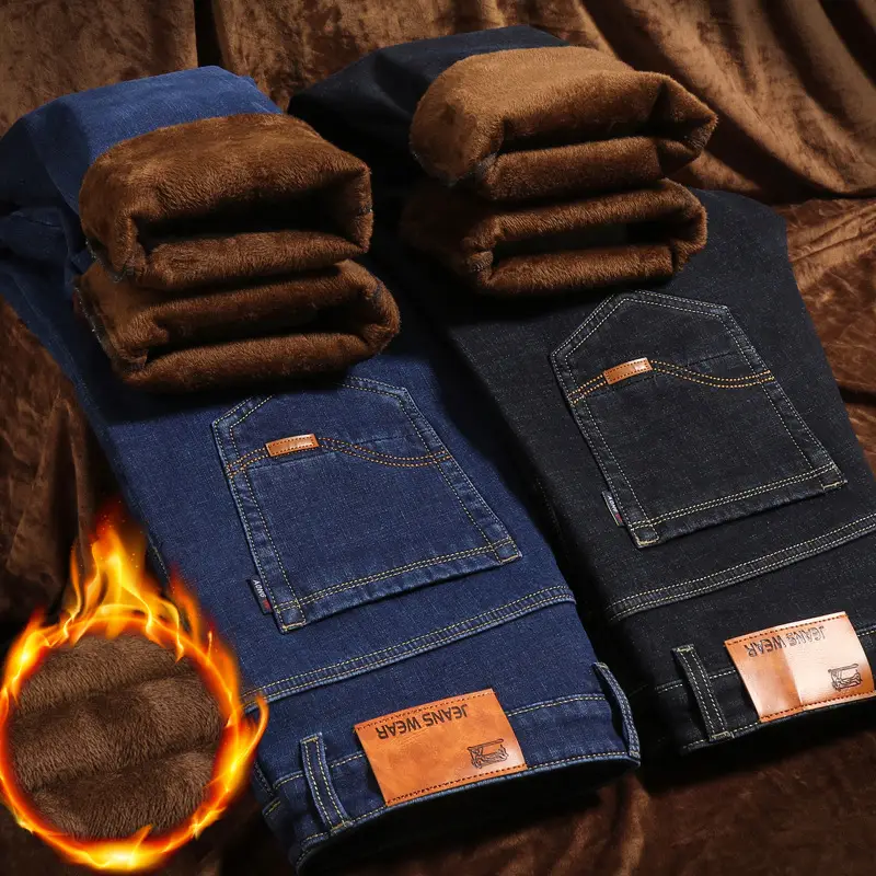 Men Fleece Lined Cold Proof Jeans Blue Brown - Image 12