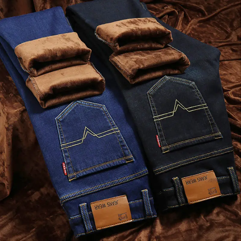 Men Fleece Lined Cold Proof Jeans Blue Brown - Image 13