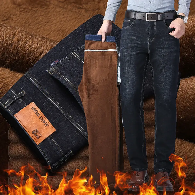 Men Fleece Lined Cold Proof Jeans Blue Brown - Image 14