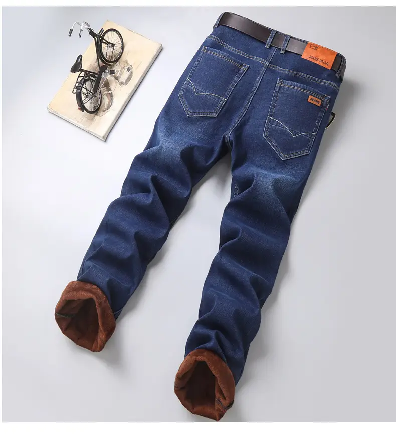 Men Fleece Lined Cold Proof Jeans Blue Brown — feature 1