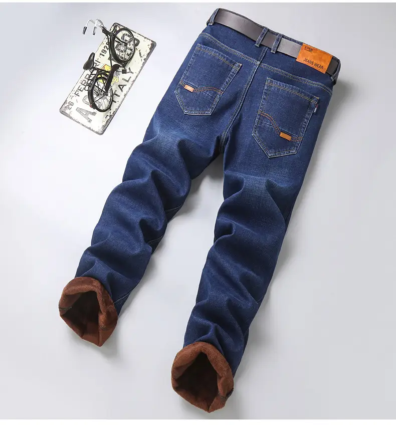 Men Fleece Lined Cold Proof Jeans Blue Brown — feature 11