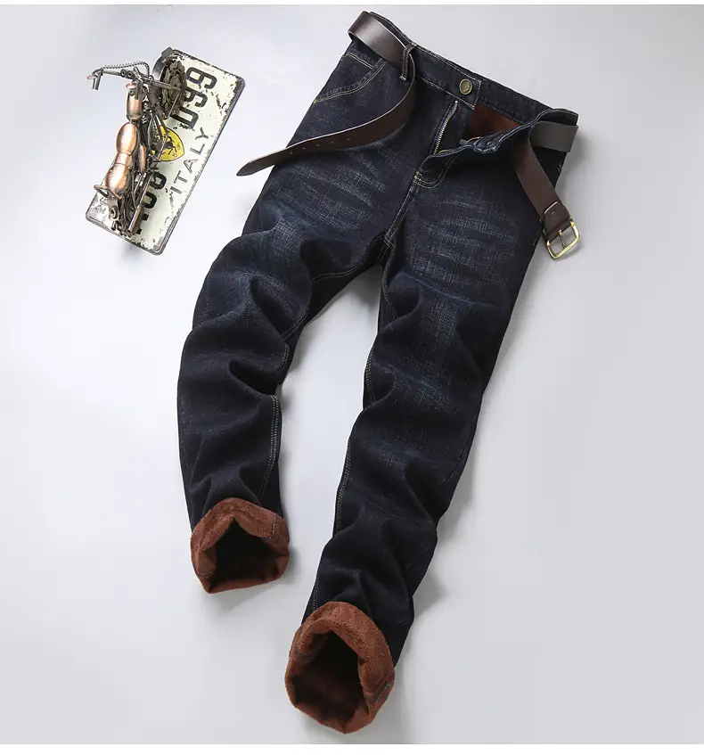 Men Fleece Lined Cold Proof Jeans Blue Brown — feature 12